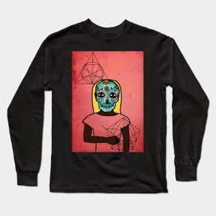 f1 NFT: FemaleMask Art with Mexican Eyes, Dark Skin, and Exclusive Davinci Background Long Sleeve T-Shirt